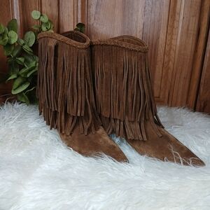 Saint Laurent Brown Suede Fringe Ankle Boots